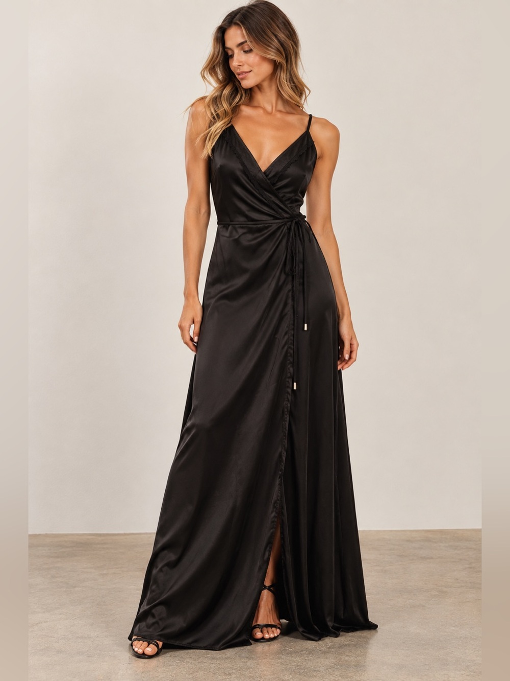 JO Fashion Black Satin Wrap Maxi Dress w/ Built-In Shorts Size M